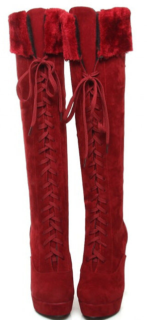 women winter nubuck leather thick high heel  round toe lace up fashion over the knee boots