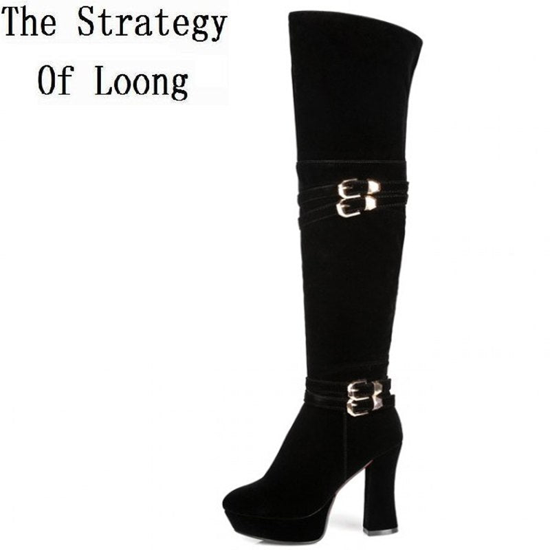 women autumn winter thick high heel  buckle round toe side zipper  over the knee boots