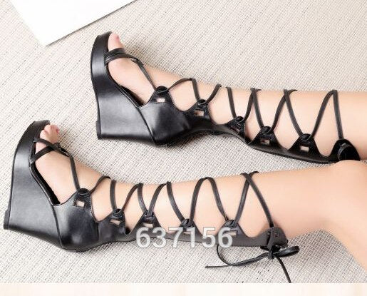 wedges high heels lace up knee high gladiator sandals boots new arrival open the toe cut out women summer boots
