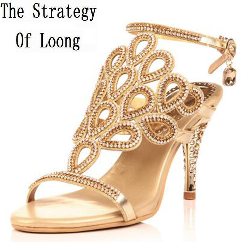 women summer new rhinestone thin high heel corium sexy sandals peacock open the toe bridal shoes