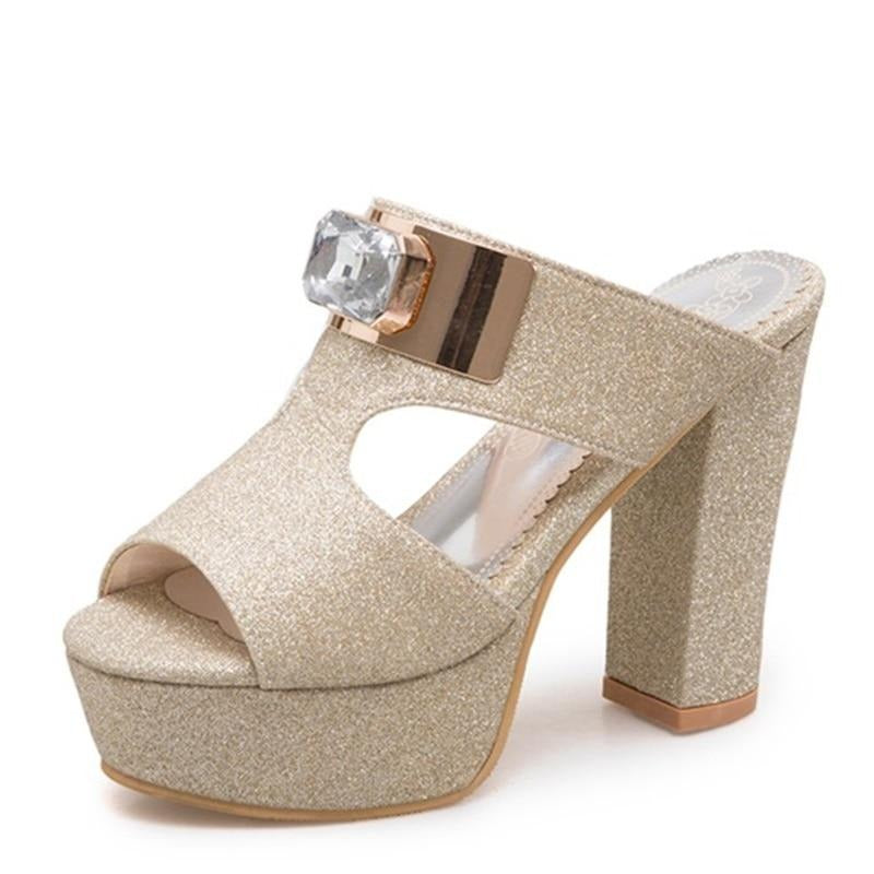 new summer fashion crystal metal decoration sequined cloth super high square heel