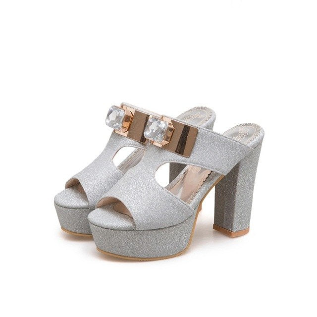 new summer fashion crystal metal decoration sequined cloth super high square heel