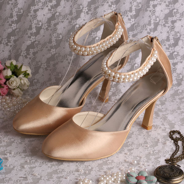 custom handmade pearl strap shoes bridal for wedding high heel women pumps zipper