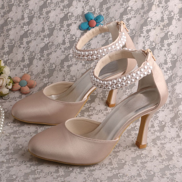 custom handmade pearl strap shoes bridal for wedding high heel women pumps zipper