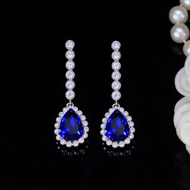 classic big water drop cz crystal sterling silver 925 pin jewelry women long royal blue earrings for engagement party blue