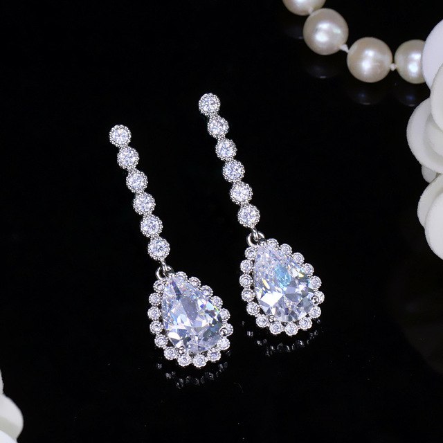 classic big water drop cz crystal sterling silver 925 pin jewelry women long royal blue earrings for engagement party white