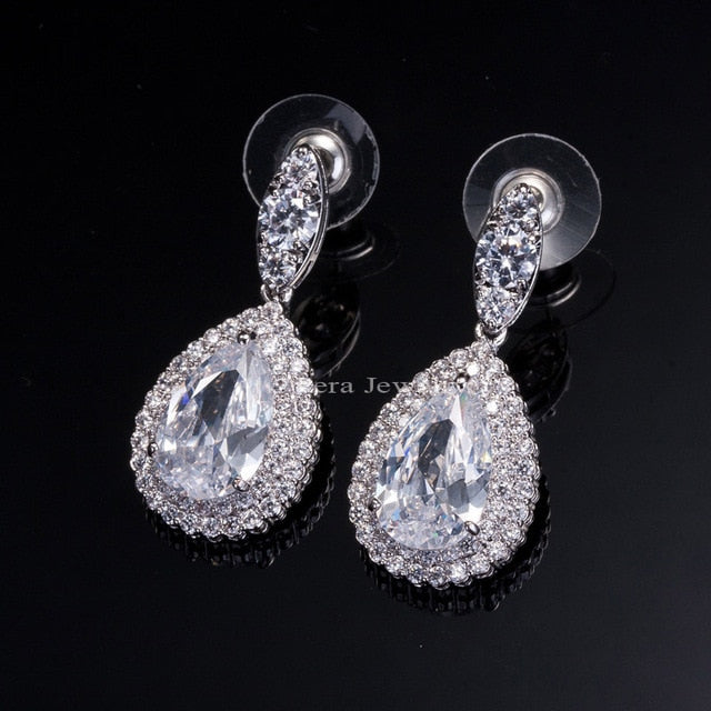 dubai women wedding costume jewelry white gold color cubic zirconia crystal big tear drop classic earrings for brides white