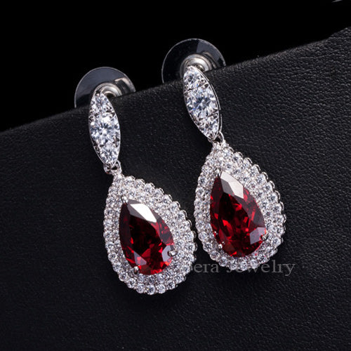 dubai women wedding costume jewelry white gold color cubic zirconia crystal big tear drop classic earrings for brides red