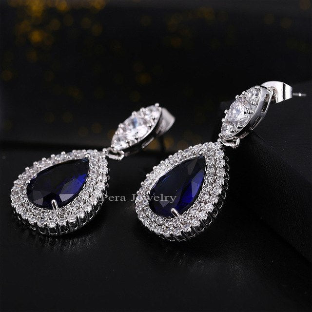 dubai women wedding costume jewelry white gold color cubic zirconia crystal big tear drop classic earrings for brides blue