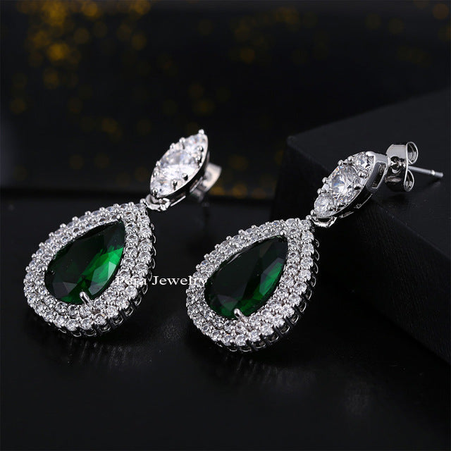 dubai women wedding costume jewelry white gold color cubic zirconia crystal big tear drop classic earrings for brides green