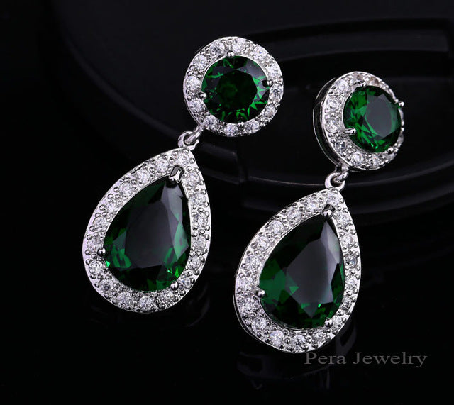 elegant big water drop design white gold color round royal blue cubic zirconia stone fashion women earrings jewelry emerald green