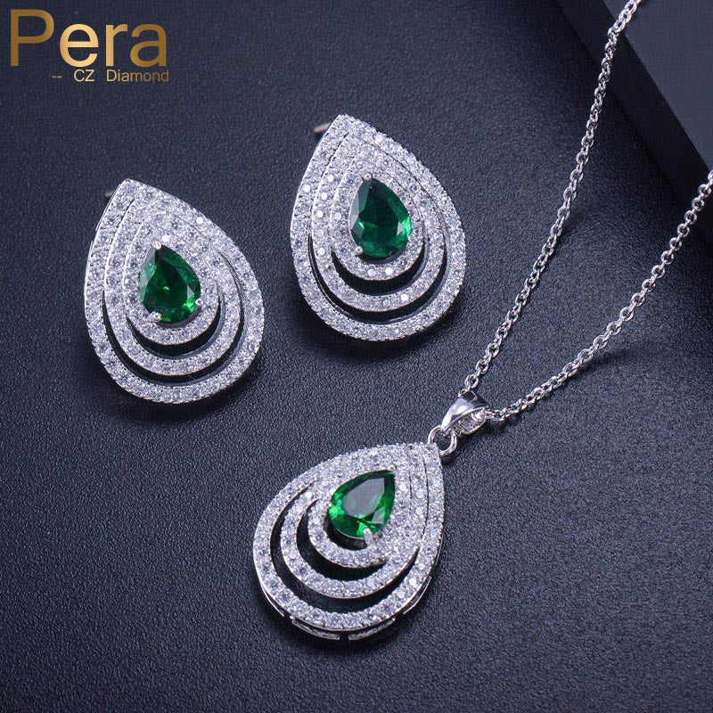 elegant summer prom party jewery accessories big waterdrop cubic zirconia green pendent necklace earring set for women