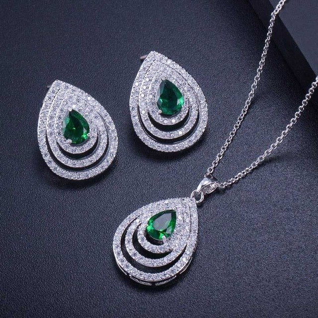 elegant summer prom party jewery accessories big waterdrop cubic zirconia green pendent necklace earring set for women green