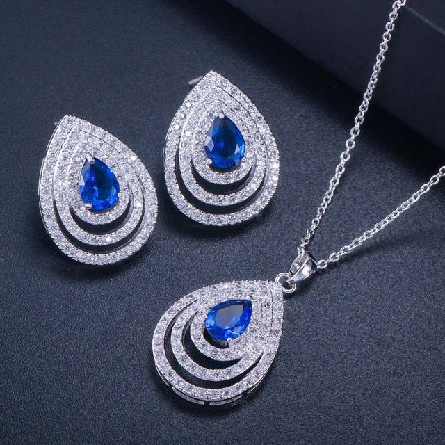 elegant summer prom party jewery accessories big waterdrop cubic zirconia green pendent necklace earring set for women blue