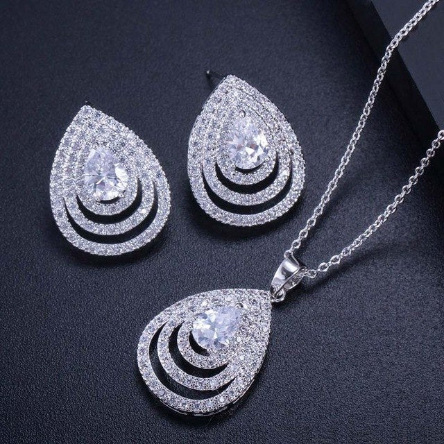 elegant summer prom party jewery accessories big waterdrop cubic zirconia green pendent necklace earring set for women white