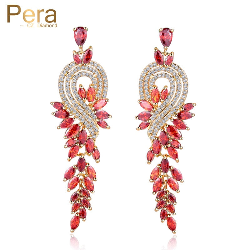 famous brand india red cz stone jewelry long dropping big leaf shape women evening party cubic zircon earrings