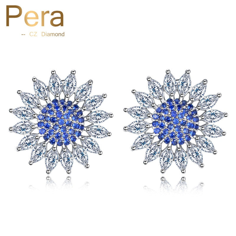 new korean style fashion ladies big sun flower cubic zirconia royal blue ear stud earrings for women party jewelry