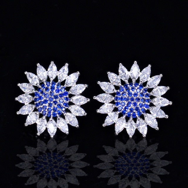 new korean style fashion ladies big sun flower cubic zirconia royal blue ear stud earrings for women party jewelry blue
