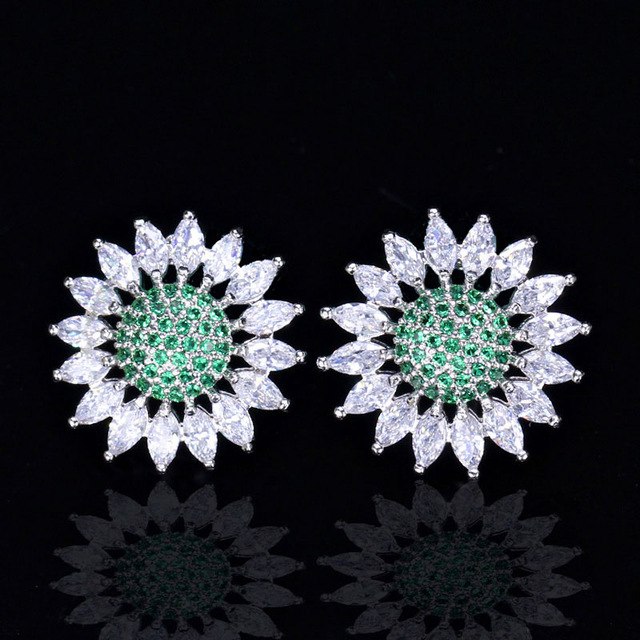 new korean style fashion ladies big sun flower cubic zirconia royal blue ear stud earrings for women party jewelry green