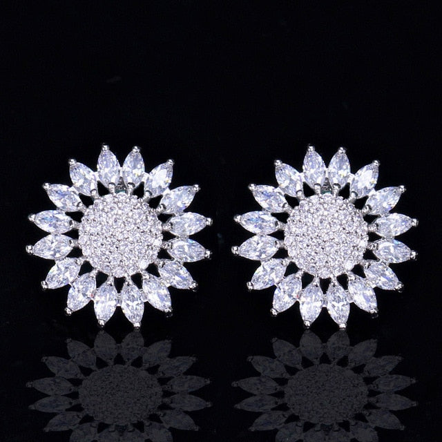 new korean style fashion ladies big sun flower cubic zirconia royal blue ear stud earrings for women party jewelry white