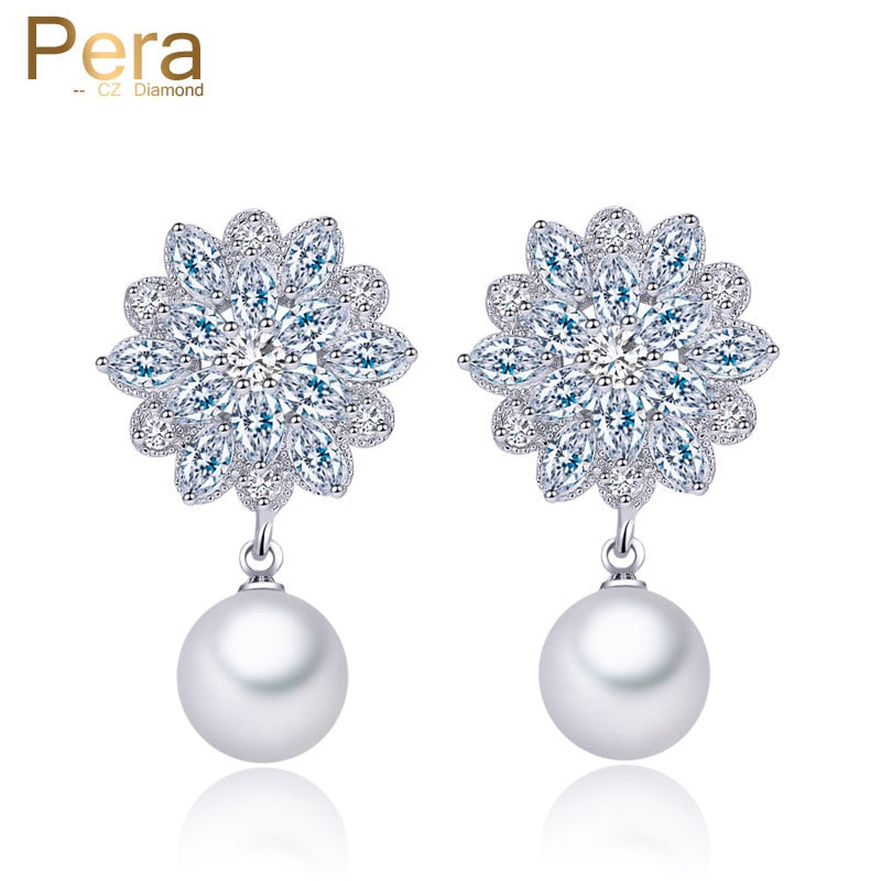 trendy american and european classic design big flower cubic zirconia long dangle pearl dropping earrings for women