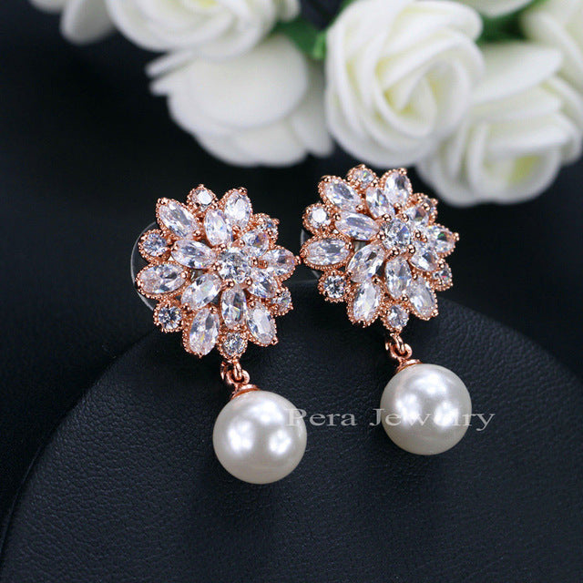 trendy american and european classic design big flower cubic zirconia long dangle pearl dropping earrings for women rose gold plated