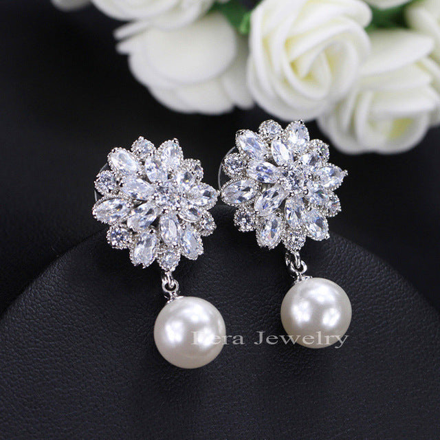 trendy american and european classic design big flower cubic zirconia long dangle pearl dropping earrings for women white gold plated