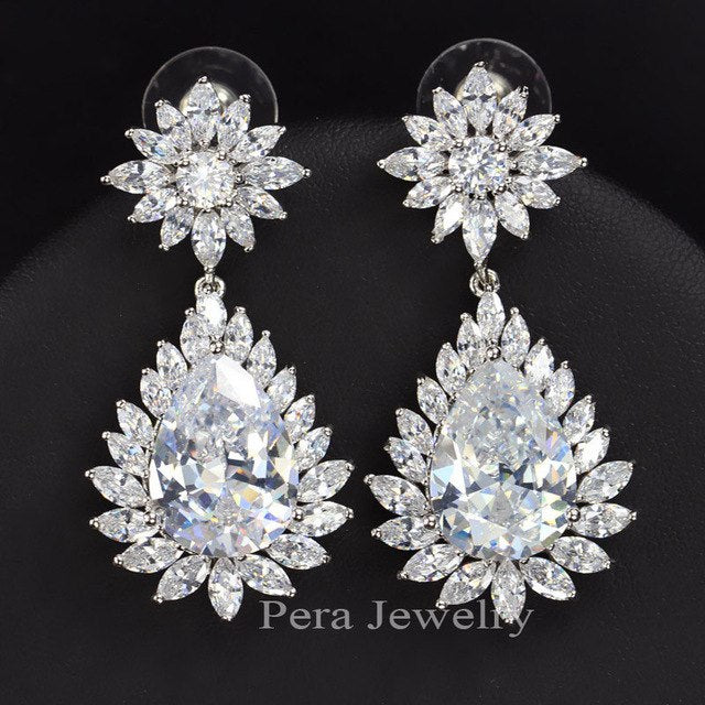 elegant design big pear cut long dangling cubic zirconia stone paved setting women party earrings for valentine's day gift white