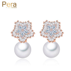 luxury rose gold color big flower imitation pearl long drop earrings bridal wedding romantic design jewelry for brides