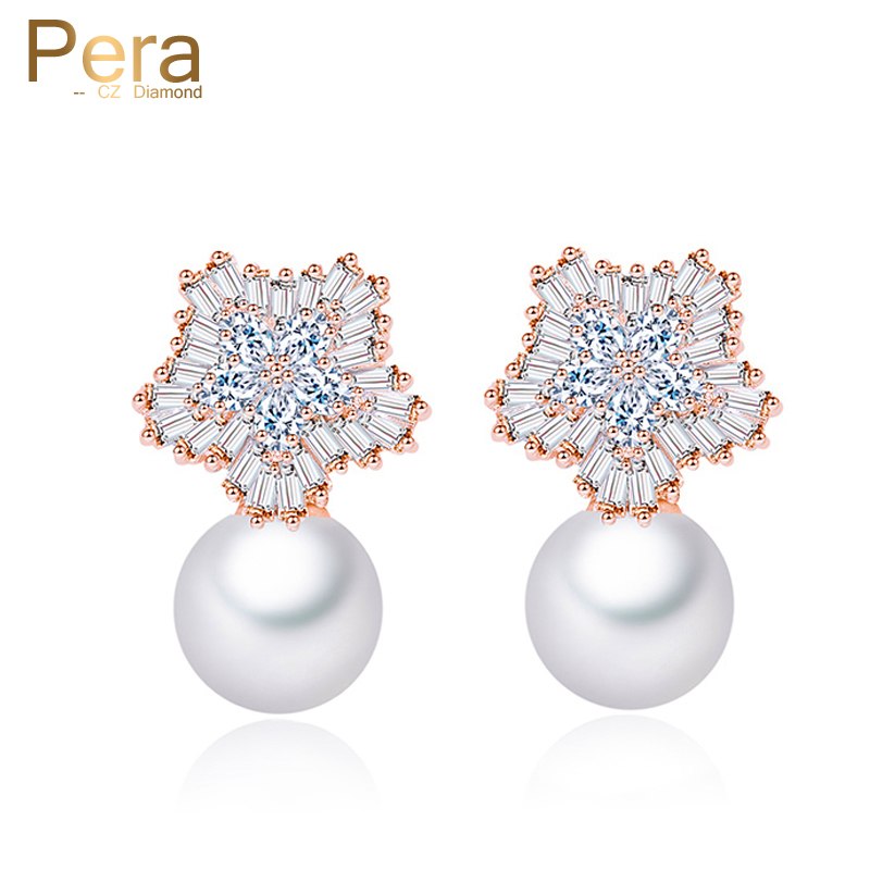 luxury rose gold color big flower imitation pearl long drop earrings bridal wedding romantic design jewelry for brides