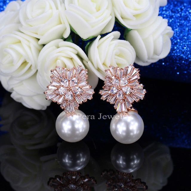 luxury rose gold color big flower imitation pearl long drop earrings bridal wedding romantic design jewelry for brides rose gold