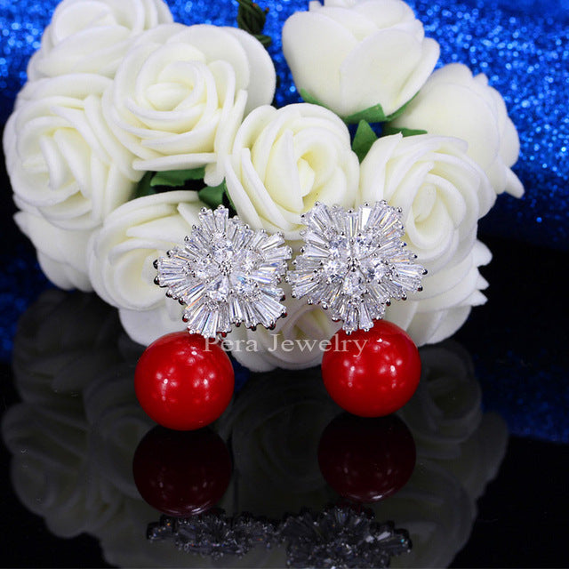 luxury rose gold color big flower imitation pearl long drop earrings bridal wedding romantic design jewelry for brides red