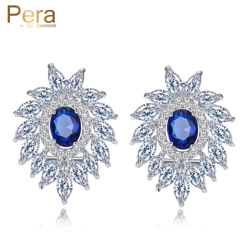 famous brand royal jewelry big flower cubic zirconia stone pave settings dark blue stud earrings for women
