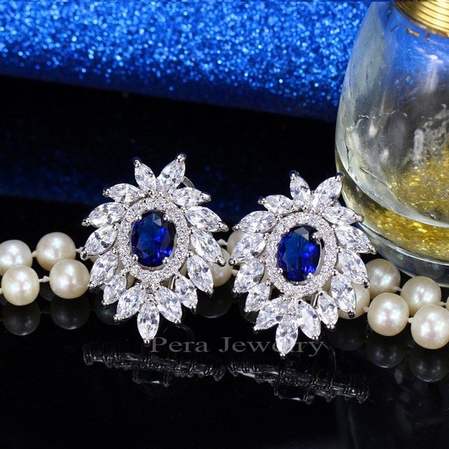 famous brand royal jewelry big flower cubic zirconia stone pave settings dark blue stud earrings for women blue