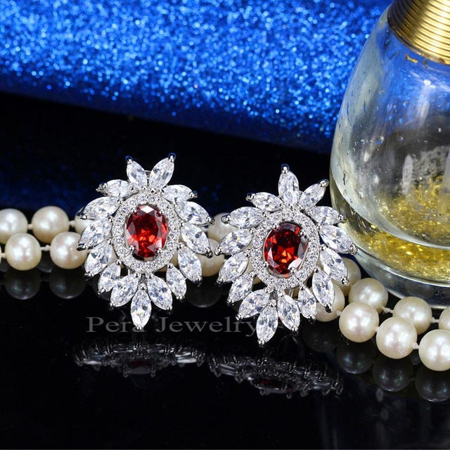 famous brand royal jewelry big flower cubic zirconia stone pave settings dark blue stud earrings for women red