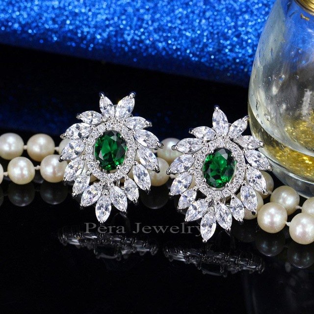 famous brand royal jewelry big flower cubic zirconia stone pave settings dark blue stud earrings for women green