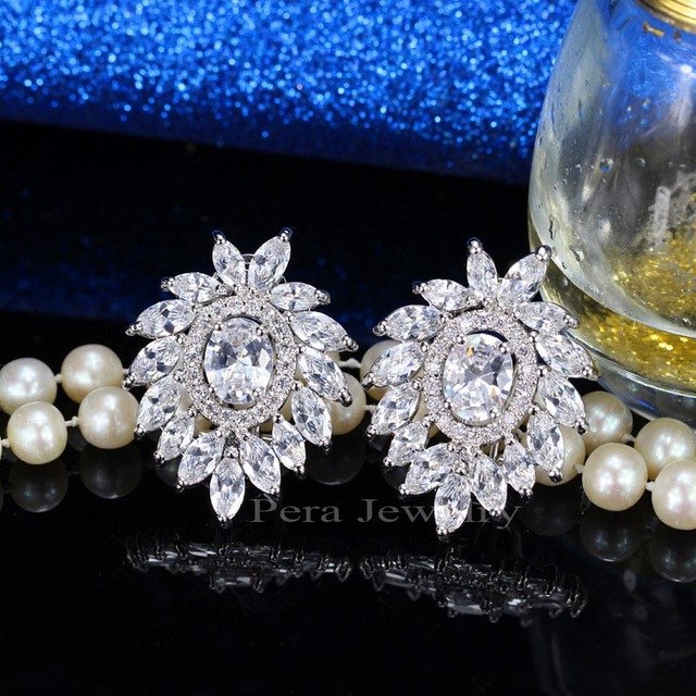 famous brand royal jewelry big flower cubic zirconia stone pave settings dark blue stud earrings for women white