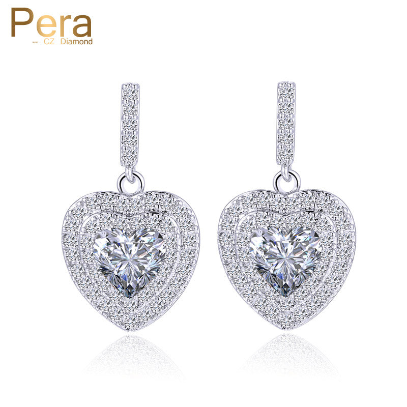 classic korean style ladies jewelry full cubic zirconia stone pave setting big heart shape drop earrings for women