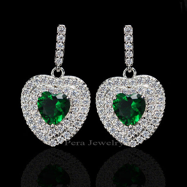 classic korean style ladies jewelry full cubic zirconia stone pave setting big heart shape drop earrings for women green
