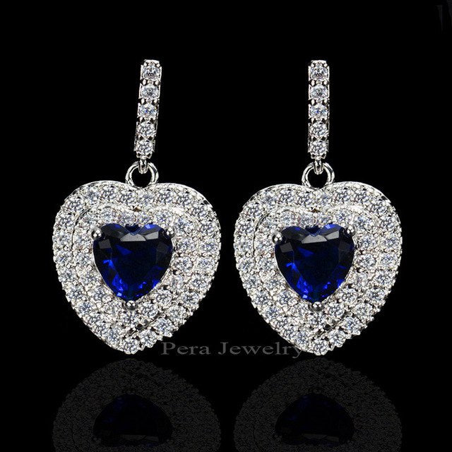 classic korean style ladies jewelry full cubic zirconia stone pave setting big heart shape drop earrings for women blue