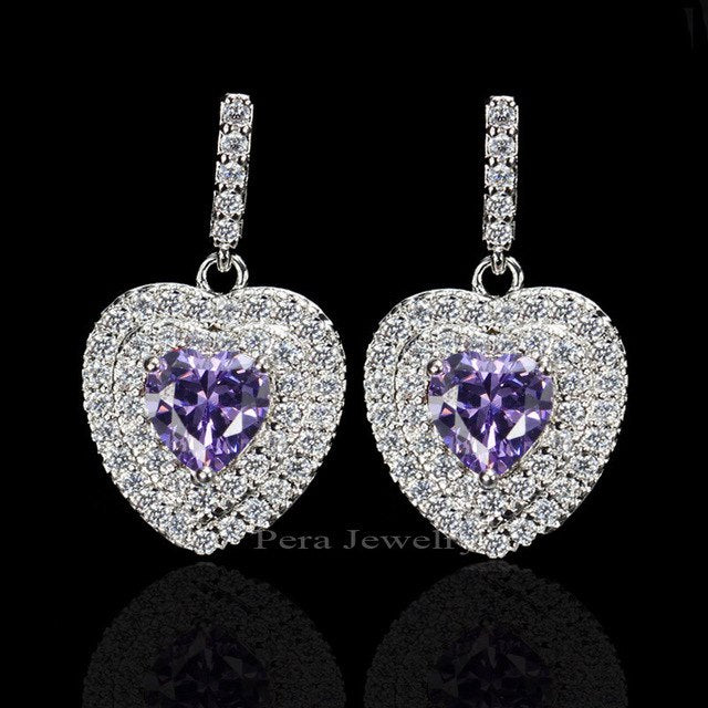 classic korean style ladies jewelry full cubic zirconia stone pave setting big heart shape drop earrings for women purple