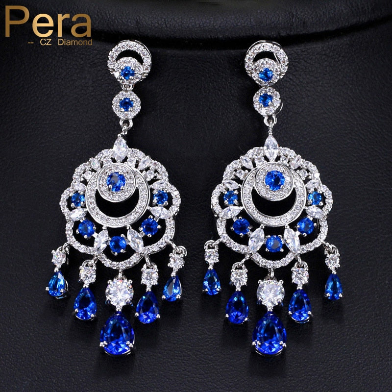 luxurious bridal wedding royal blue ear jewelry long big cubic zirconia dangling tessal drop earrings