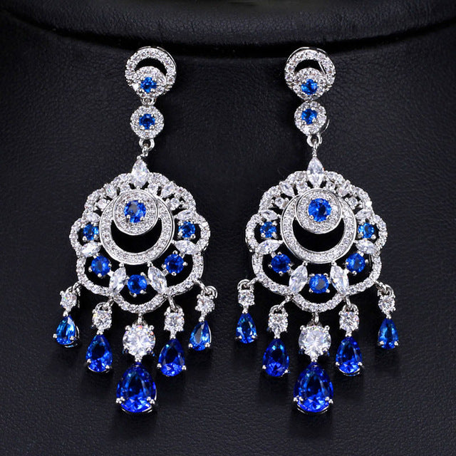 luxurious bridal wedding royal blue ear jewelry long big cubic zirconia dangling tessal drop earrings blue