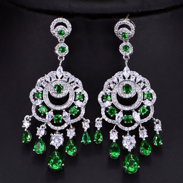 luxurious bridal wedding royal blue ear jewelry long big cubic zirconia dangling tessal drop earrings green