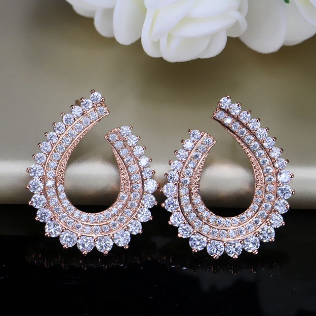 pera new design elegant female jewelry rose gold color big cubic zirconia stone micro pave cluster stud earrings for gift rose gold color