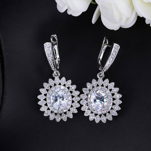 pera romantic cute dangling drop party jewelry big flower cubic zirconia hoop earring for ladies best friend girl gift white
