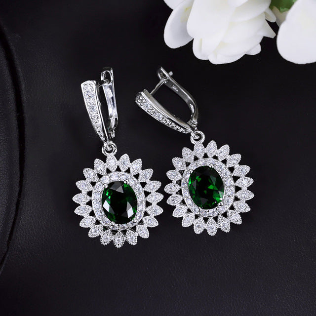 pera romantic cute dangling drop party jewelry big flower cubic zirconia hoop earring for ladies best friend girl gift green