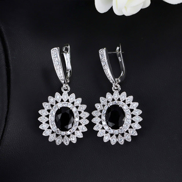 pera romantic cute dangling drop party jewelry big flower cubic zirconia hoop earring for ladies best friend girl gift black