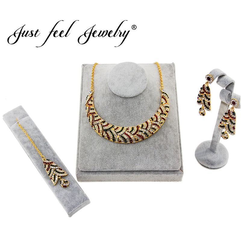 new luxury india crystal jewelry sets gold color tree earrings headdress necklace