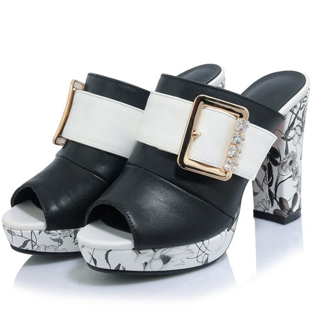 platform shoes high heels pu leather rhinestone buckle